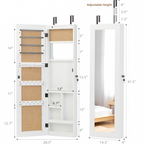 White Solid Wood Jewelry Armoire Organizer with Full-Length Mirror, Wall-Mounted Lockable Cabinet with LED Light, 47.5x14.3 in - Grand Goldman Shop