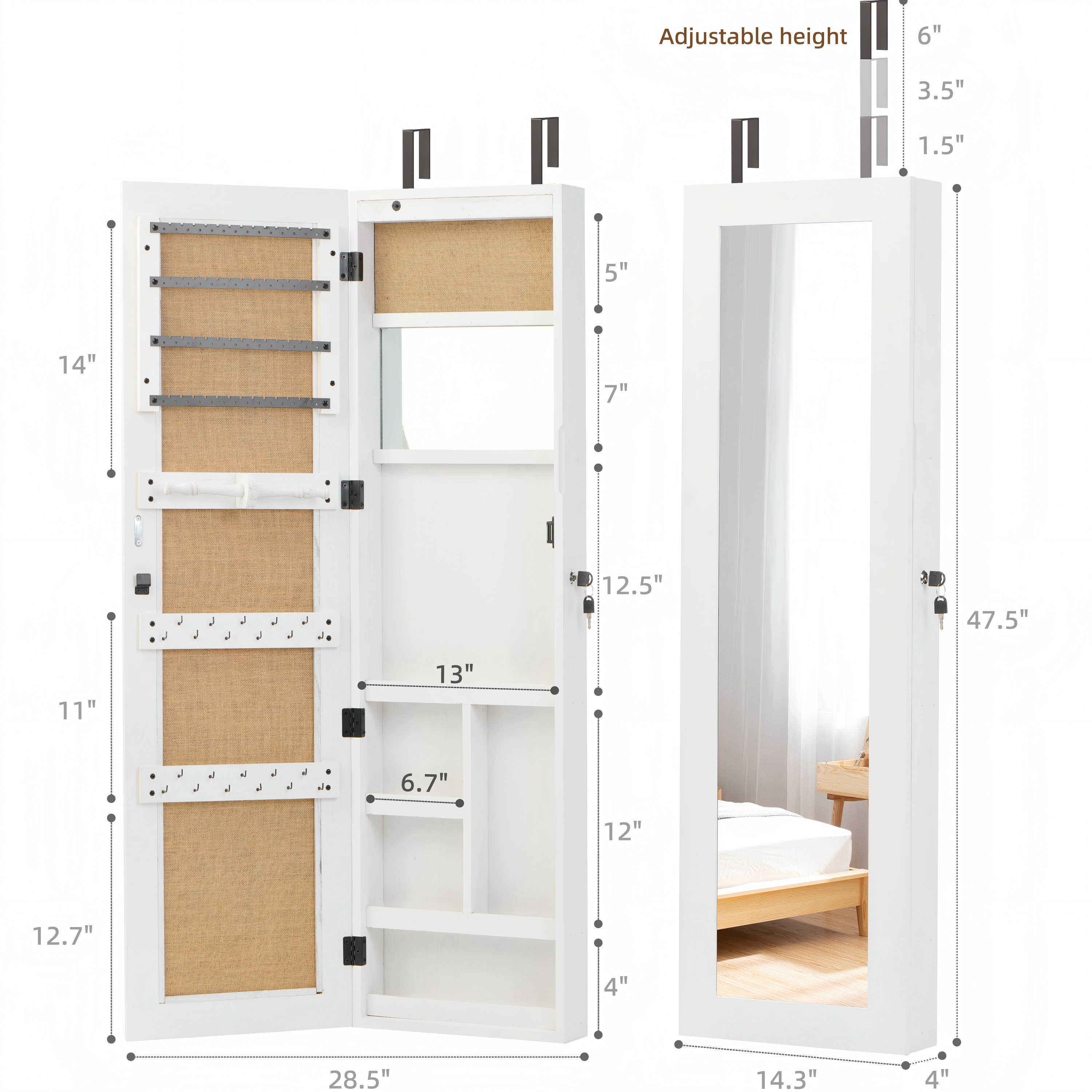 White Solid Wood Jewelry Armoire Organizer with Full-Length Mirror, Wall-Mounted Lockable Cabinet with LED Light, 47.5x14.3 in - Grand Goldman Shop
