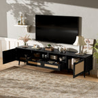 Modern Farmhouse Rattan TV Stand for TVs up to 85'', Black MDF and Solid Wood Media Console with Cable Management, 78.74'' L x 14.6'' W x 18.9'' H - Grand Goldman Shop