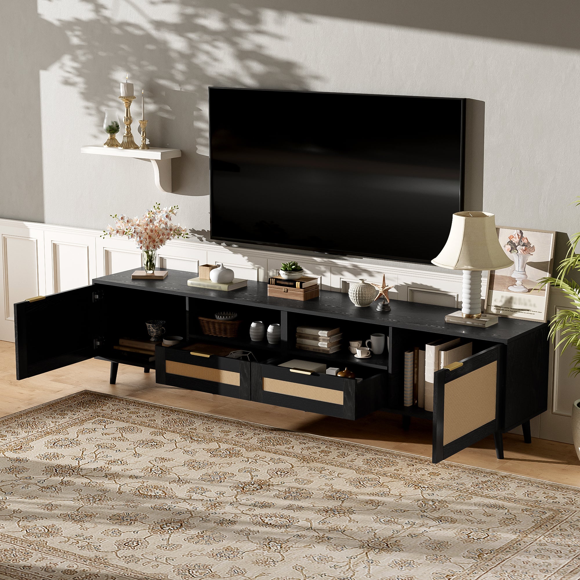 Modern Farmhouse Rattan TV Stand for TVs up to 85'', Black MDF and Solid Wood Media Console with Cable Management, 78.74'' L x 14.6'' W x 18.9'' H - Grand Goldman Shop
