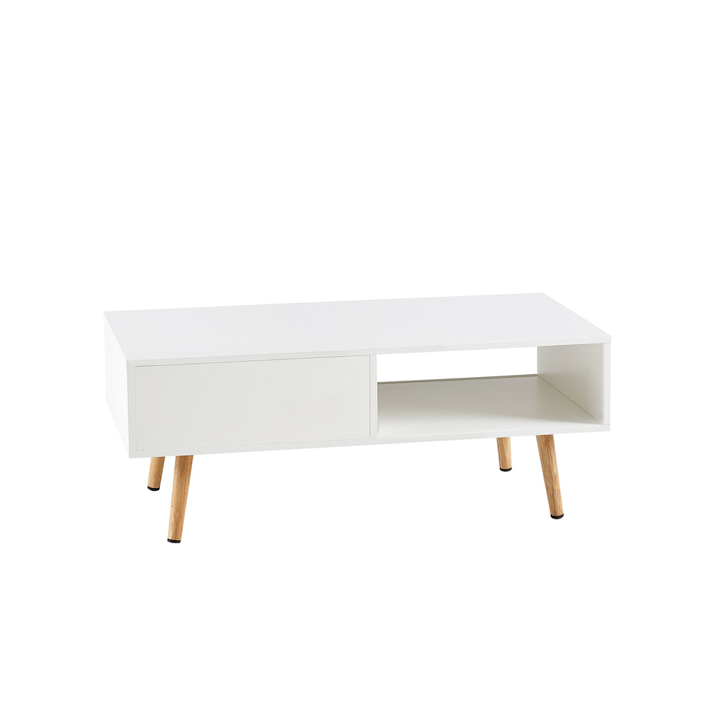 41.34' Rattan Coffee Table, Sliding Door for Storage, Solid Wood Legs, Modern Table for Living Room-White - Grand Goldman Shop