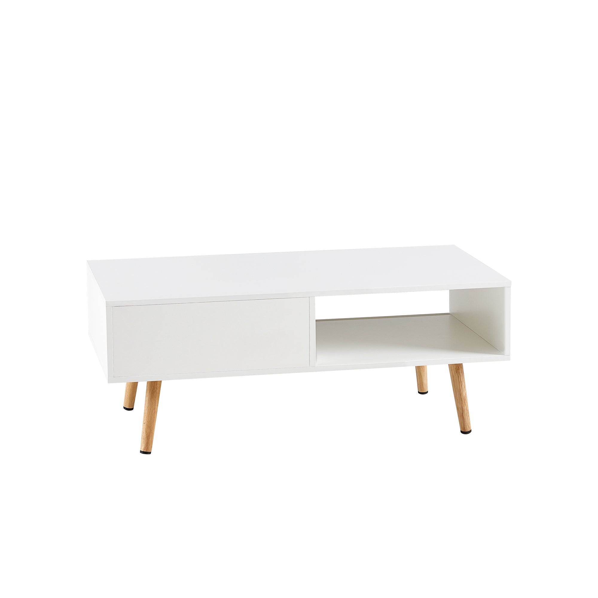 41.34' Rattan Coffee Table, Sliding Door for Storage, Solid Wood Legs, Modern Table for Living Room-White - Grand Goldman Shop