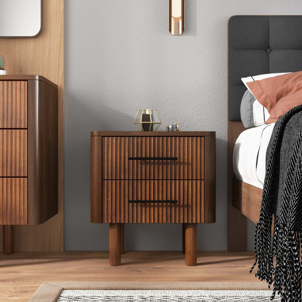 Logan Mid Century Modern Walnut Nightstand with 2 Drawers, Solid Wood, 24x 22x15 inches Drawers and Storage Shelf for Bedrooms, Small Spaces, Bedside Table - Grand Goldman Shop