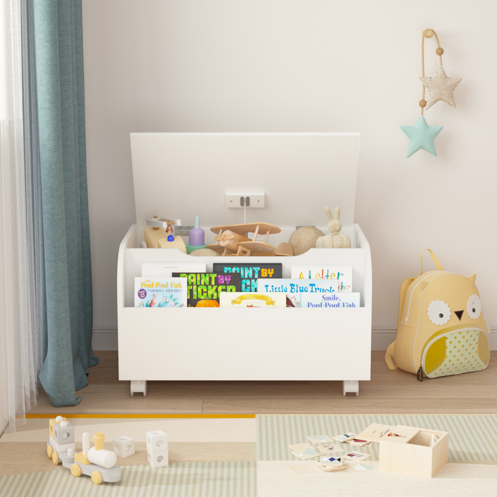 White Wooden Toy Box with 4 Universal Wheels, Kids Playroom Storage Organizer with Front Bookshelf, Flip-Top Lid, Safety Hing
