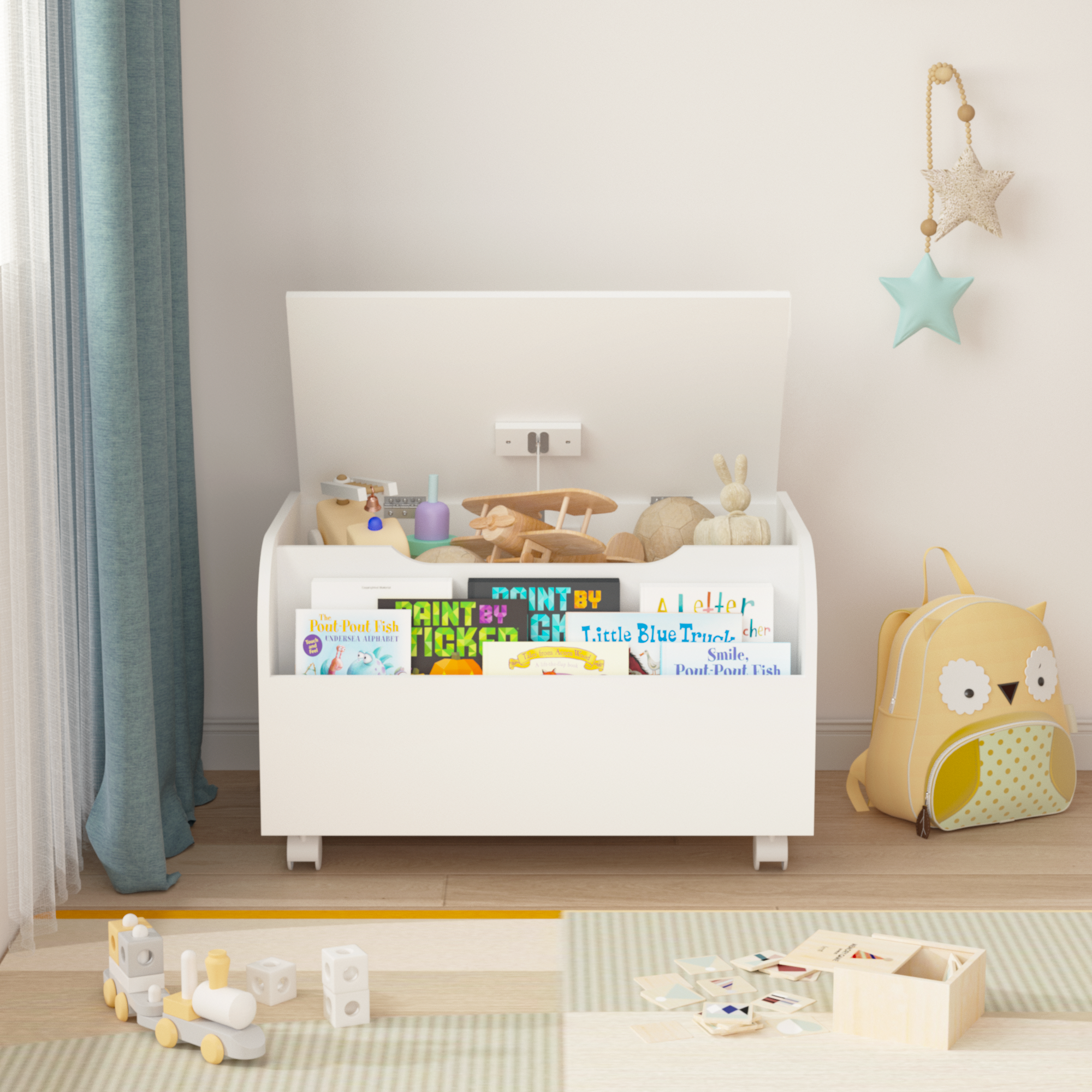 White Wooden Toy Box with 4 Universal Wheels, Kids Playroom Storage Organizer with Front Bookshelf, Flip-Top Lid, Safety Hing