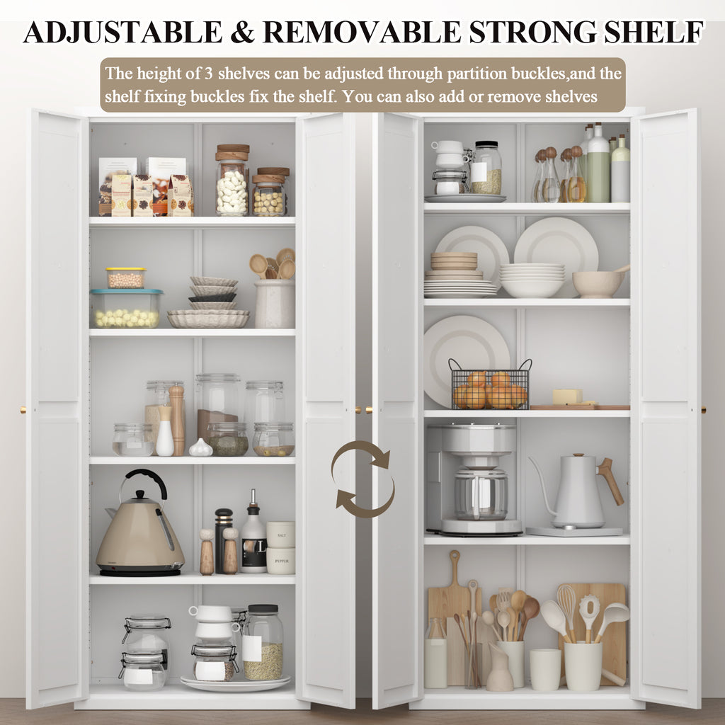 White Metal Adjustable 2-Door Storage Cabinet with Powder-Coated Steel, Tall Kitchen Pantry Cabinet with Adjustable Shelves f
