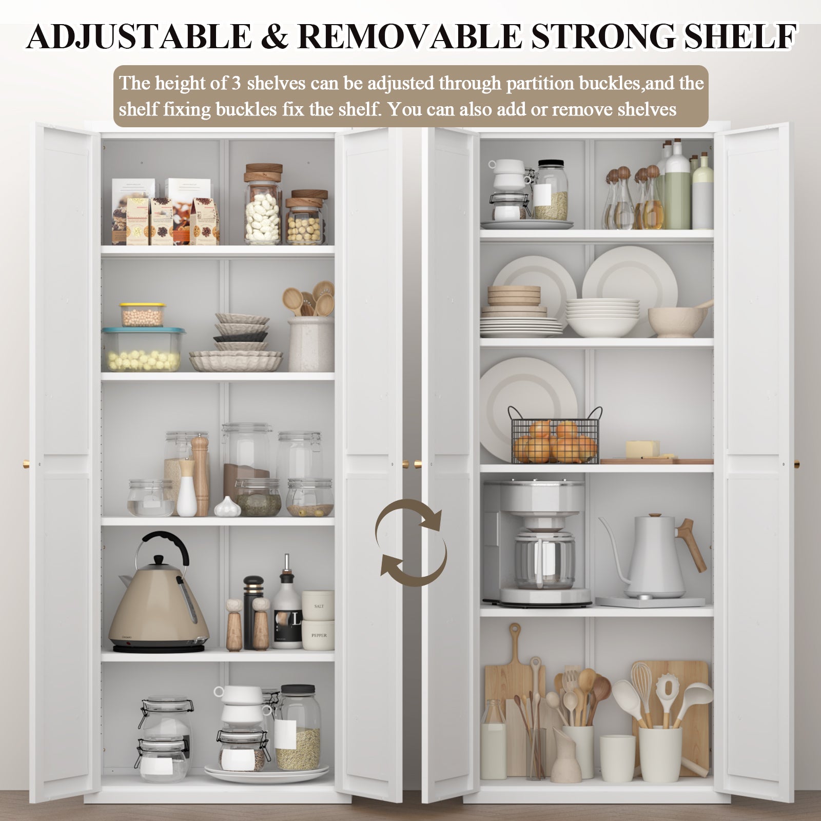 White Metal Adjustable 2-Door Storage Cabinet with Powder-Coated Steel, Tall Kitchen Pantry Cabinet with Adjustable Shelves f