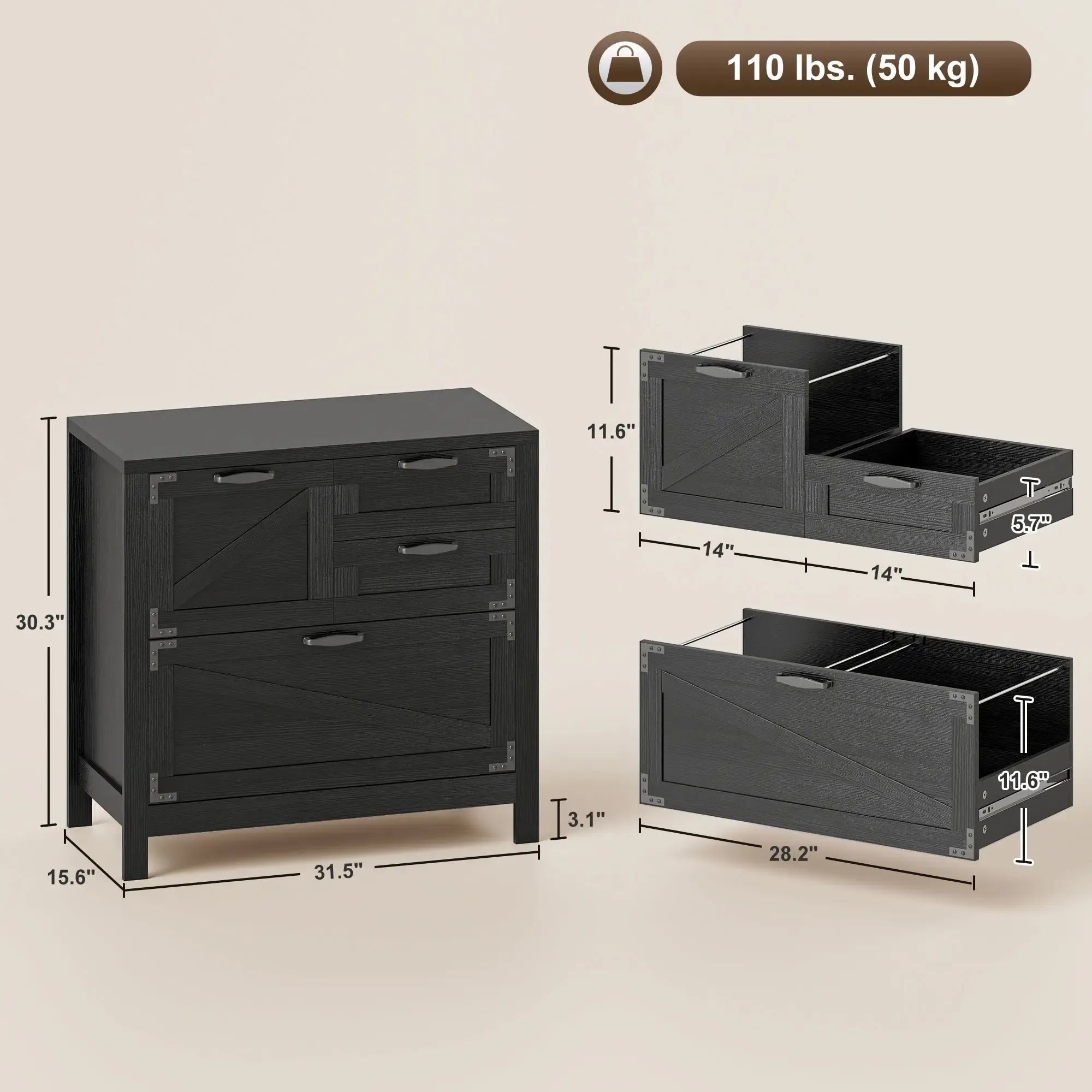 Farmhouse File Cabinet with 4 Drawers Lateral Filing Cabinet - Grand Goldman