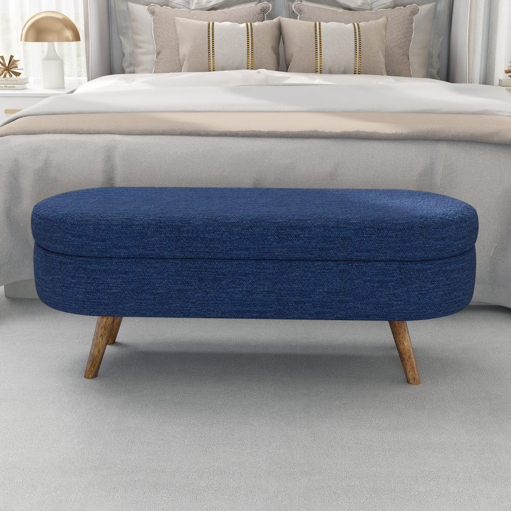 Ottoman Oval Storage Bench with Rubber Wood Legs in Blue Linen with Foam Padding - Grand Goldman Shop