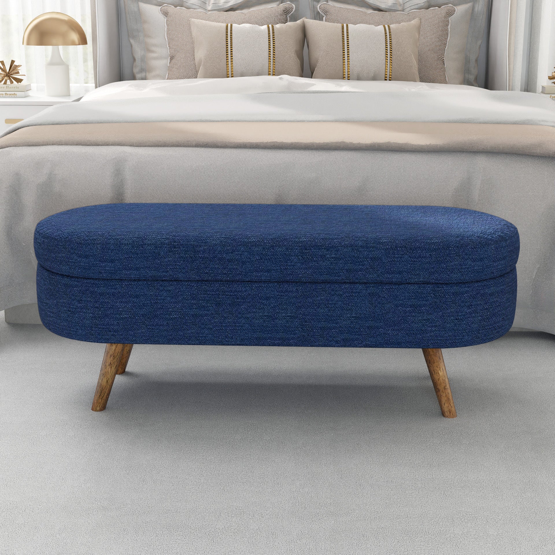 Ottoman Oval Storage Bench with Rubber Wood Legs in Blue Linen with Foam Padding - Grand Goldman Shop