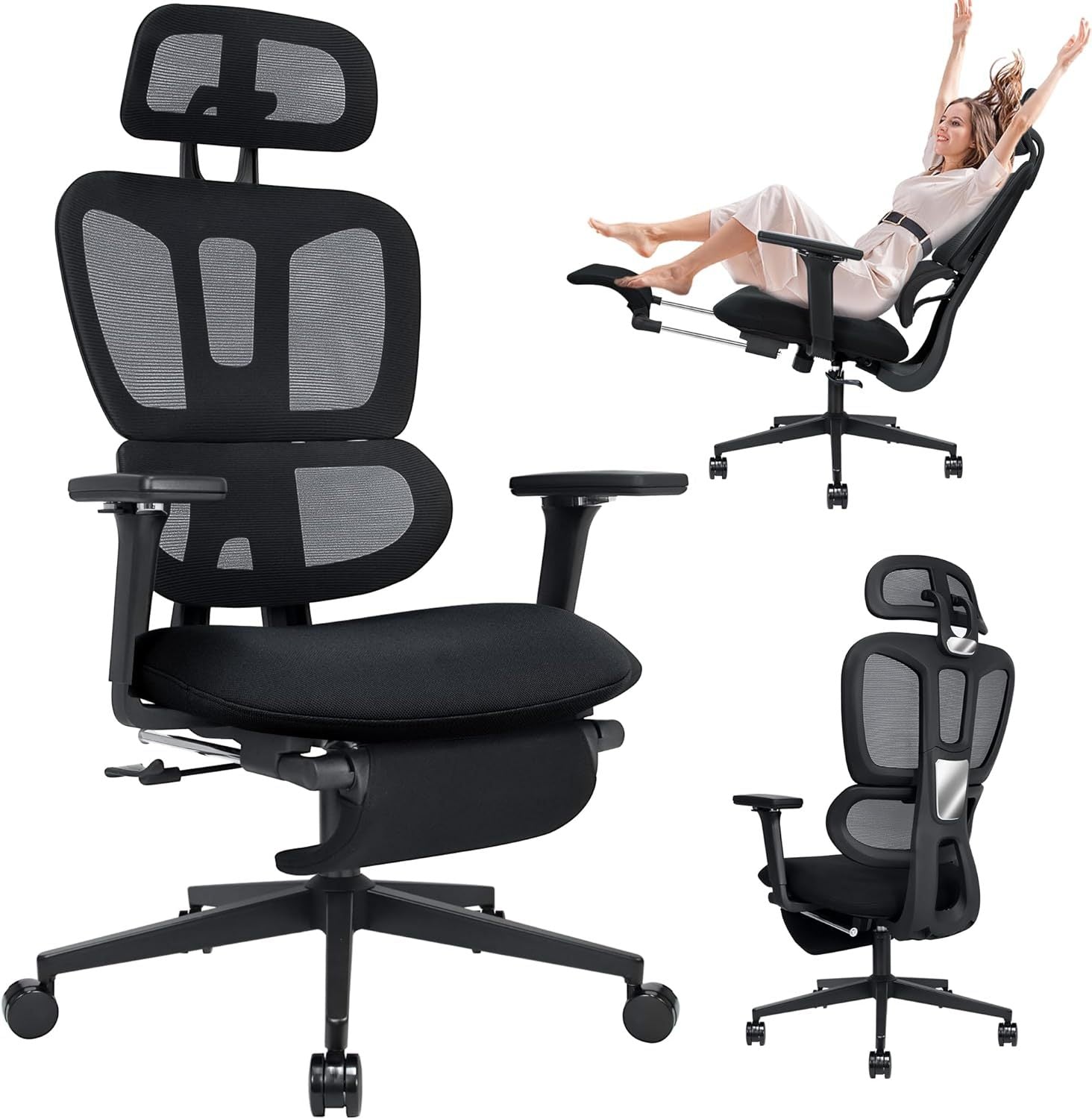 Ergonomic Office Chair with Footrest, High-back Computer Chair with Dynamic Lumbar Support, 2D Headrest & 4D Armrests, Sponge