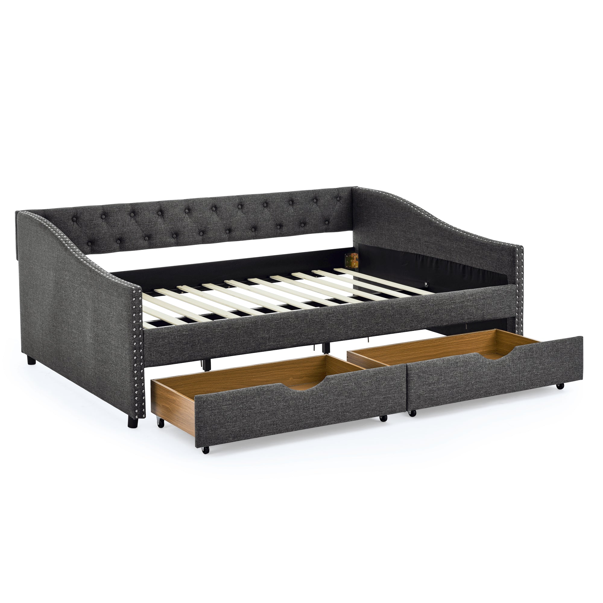 Mid-Century Style Upholstered Daybed with Drawers, Dark Grey Linen Fabric, Button Tufted Back, Copper Nail Trimmed Waved Arms, 80.5''x55.5''x27.5'' - Grand Goldman Shop