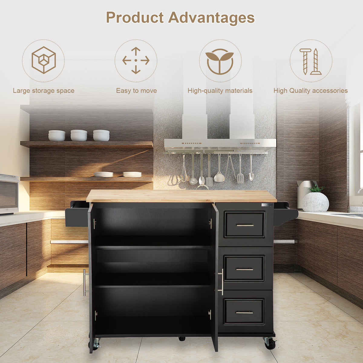 Kitchen Island & Kitchen Cart, Mobile Kitehcn Island with Extensible Rubber Wood Table Top,adjustable Shelf Inside Cabinet for Different Utensils, 3 Big Drawers, with Spice Rack, Towel Rack, Black-Bee - Grand Goldman Shop