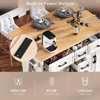 K&K 56.5'' Kitchen Island with Drop Leaf, Power Outlet, Embossed Vertical Stripe Rolling Kitchen Cart on Wheels with 4 Doors , 5 Deep Drawers and Adjustable Shelves, for Kitchen, Dining Room, White - Grand Goldman Shop