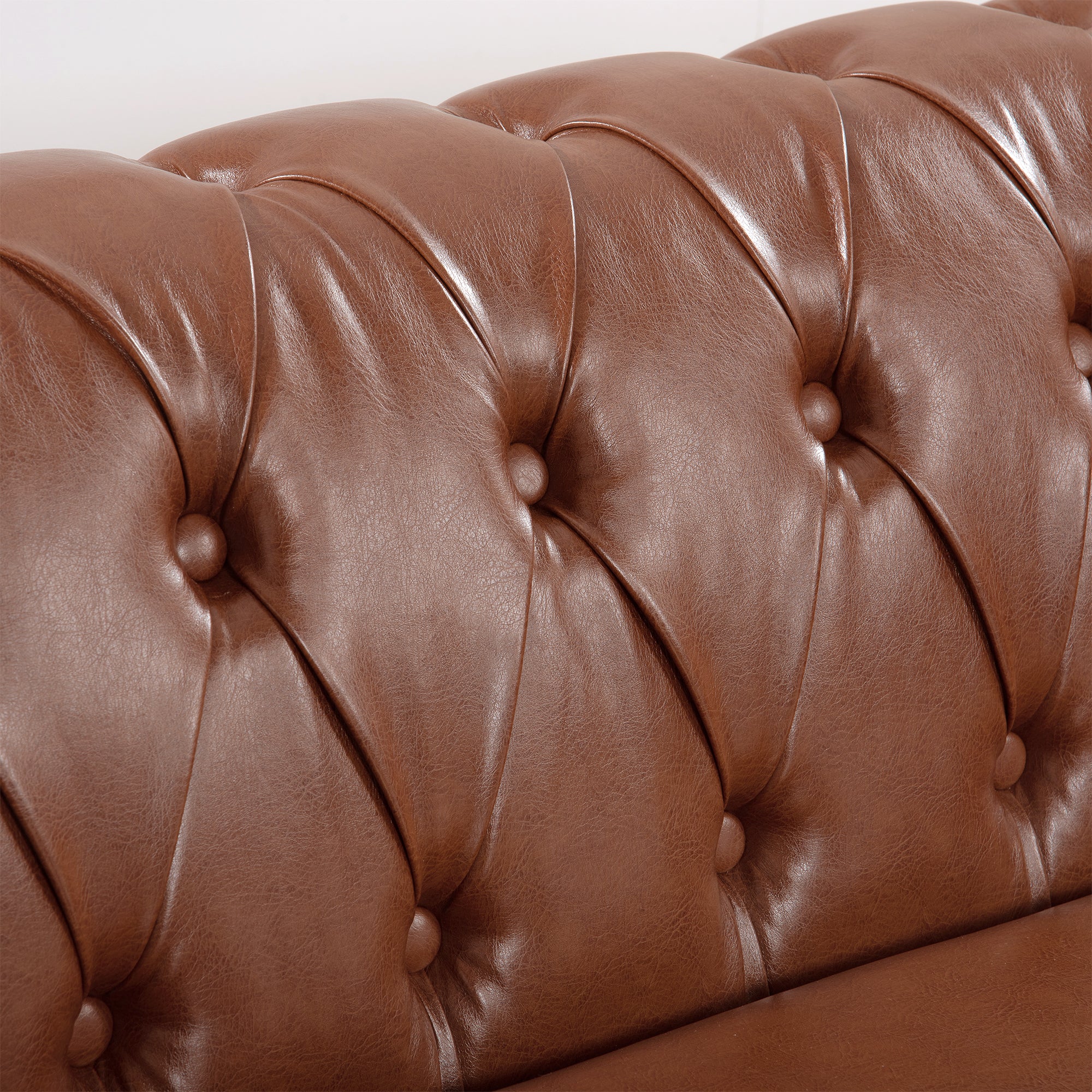 Classic Chesterfield Three Seater Sofa Brown PU Leather with Rolled Arms and Birch Legs 84.65 Inches - Grand Goldman Shop