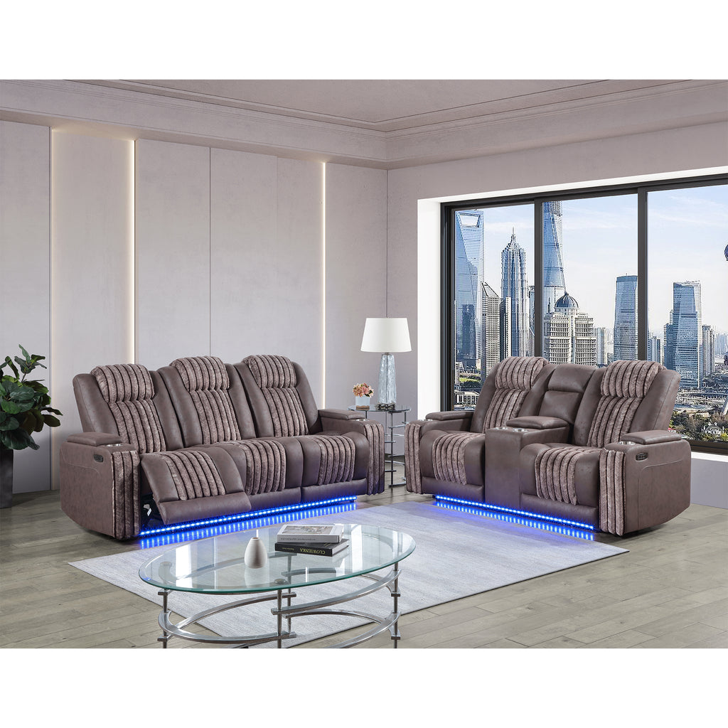 Duran Brown Power Reclining Sofa and Loveseat with Power Headrest, LED Lighting, USB Charging, and Bluetooth Speaker - Brown Wood Finish - Grand Goldman Shop