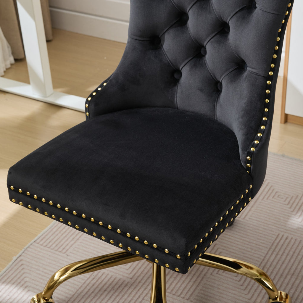 A&A Furniture Office Chair,Modern Velvet Upholstered Tufted Button Home Office Chair with Golden Metal Base,Adjustable Desk C