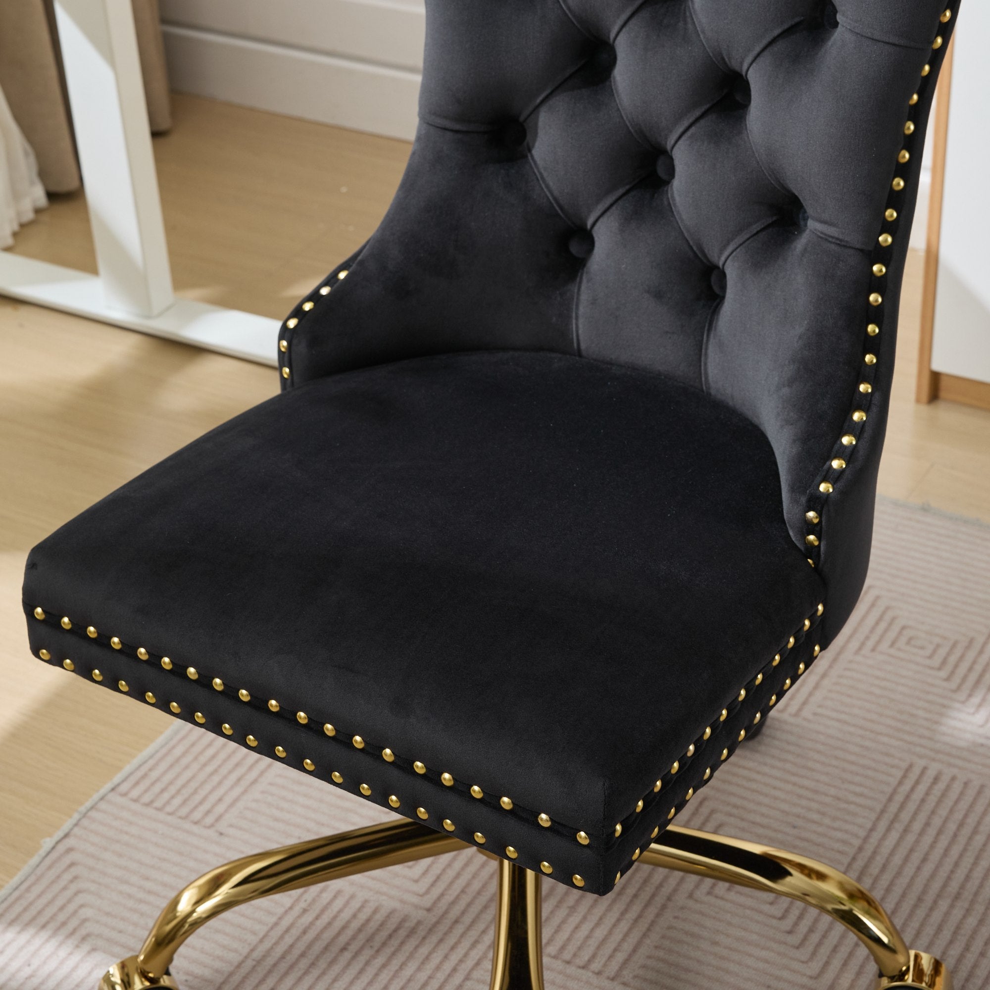 A&A Furniture Office Chair,Modern Velvet Upholstered Tufted Button Home Office Chair with Golden Metal Base,Adjustable Desk C