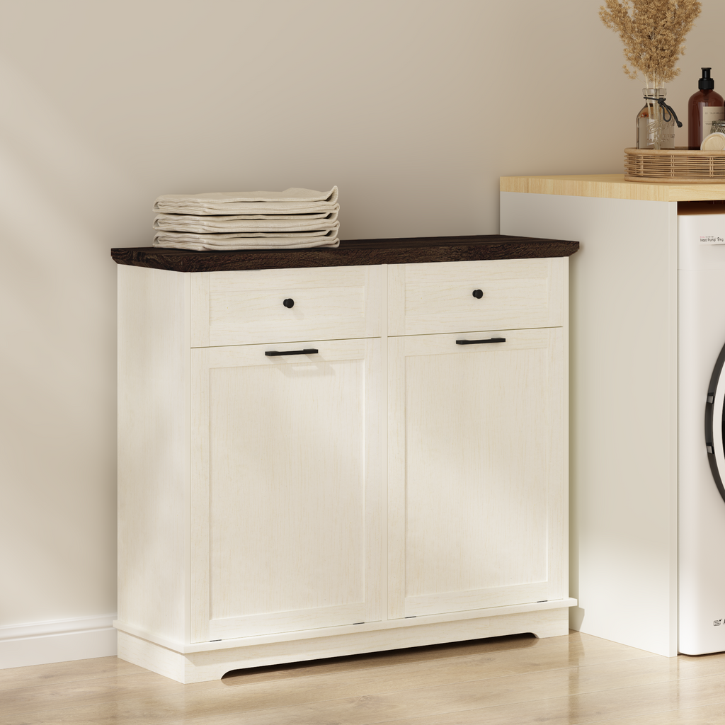 20 Gallon Tilt Out Trash Cabinet Freestanding Trash Bin Cabinet Wood Garbage Recycling Cabinet with Drawer Pet Proof Trash Can Holder for Kitchen Living Room, Antique White (Not include trash can) - Grand Goldman Shop