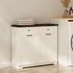 20 Gallon Tilt Out Trash Cabinet Freestanding Trash Bin Cabinet Wood Garbage Recycling Cabinet with Drawer Pet Proof Trash Can Holder for Kitchen Living Room, Antique White (Not include trash can) - Grand Goldman Shop