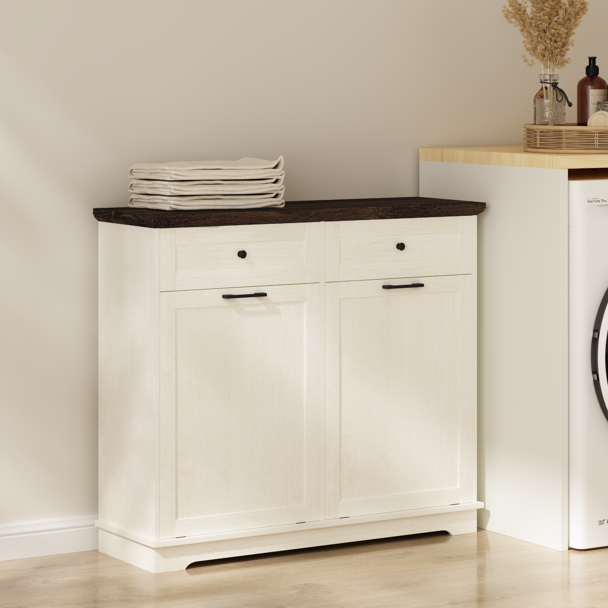 20 Gallon Tilt Out Trash Cabinet Freestanding Trash Bin Cabinet Wood Garbage Recycling Cabinet with Drawer Pet Proof Trash Can Holder for Kitchen Living Room, Antique White (Not include trash can) - Grand Goldman Shop