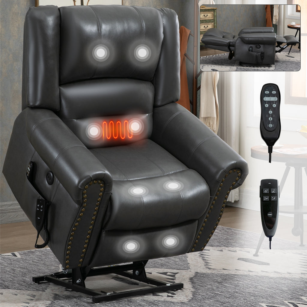 Power Lift Recliner Chair Heat Massage Dual Motor Infinite Position Up to 350 LBS, Faux Leather, Heavy Duty Motion Mechanism with USB Ports, Grey - Grand Goldman Shop