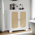 Rattan Decorated Sideboard Buffet Storage Liquor Cabinet, White Particle Board & MDF, 31.10 x 14.96 x 34.25 inches - Grand Goldman Shop