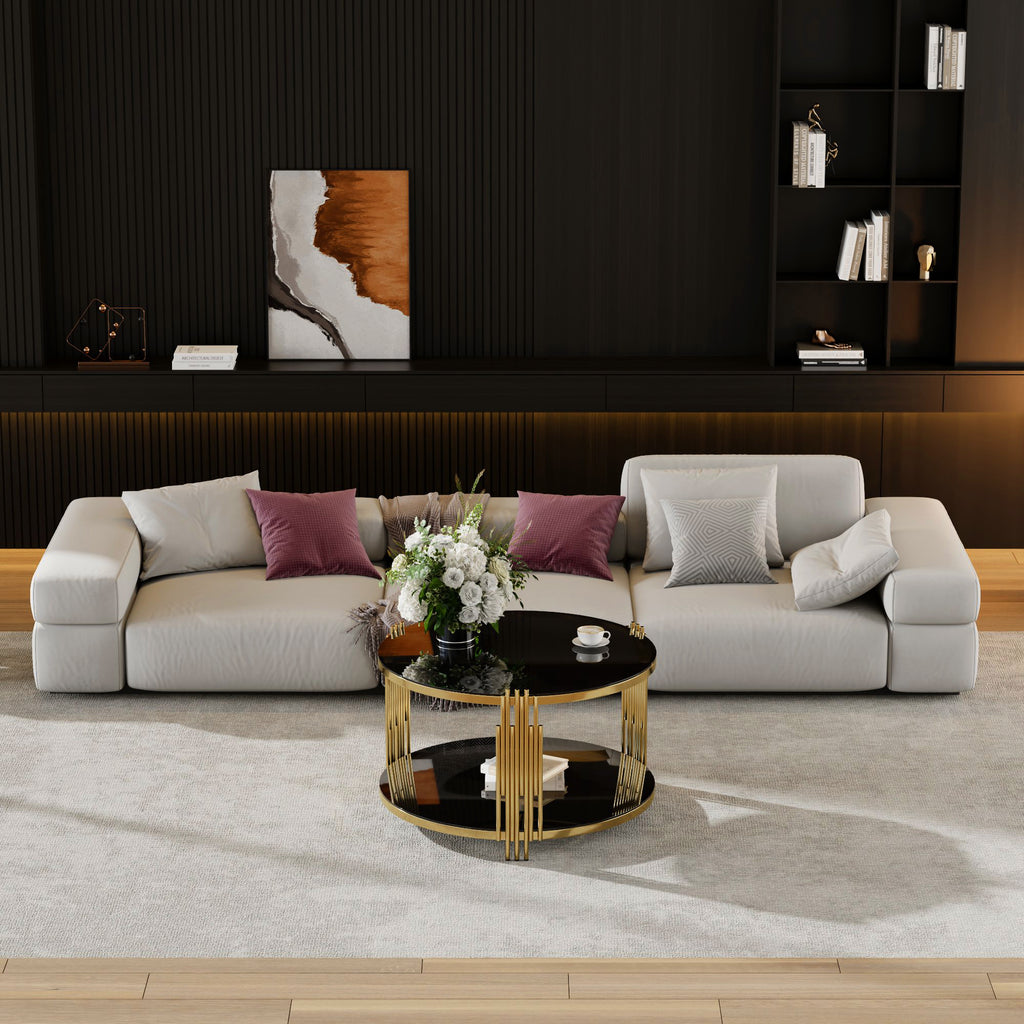 Modern Black Mirror Coffee Table, Asymmetrical Metal, Circular Metal Drum Base, Gold Finish & Lower Shelf - Grand Goldman Shop