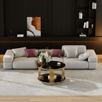 Modern Black Mirror Coffee Table, Asymmetrical Metal, Circular Metal Drum Base, Gold Finish & Lower Shelf - Grand Goldman Shop