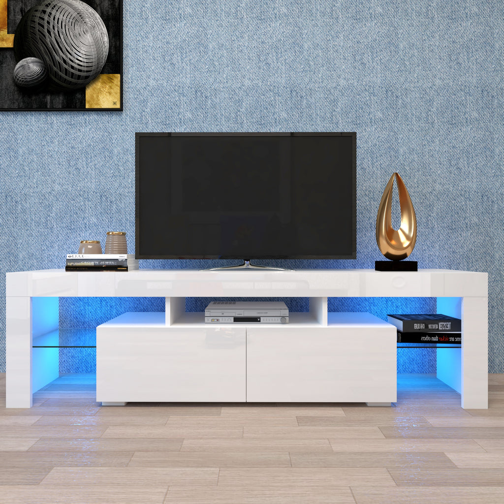 Modern White TV Stand, 20 Colors LED TV Stand w/Remote Control Lights - Grand Goldman Shop