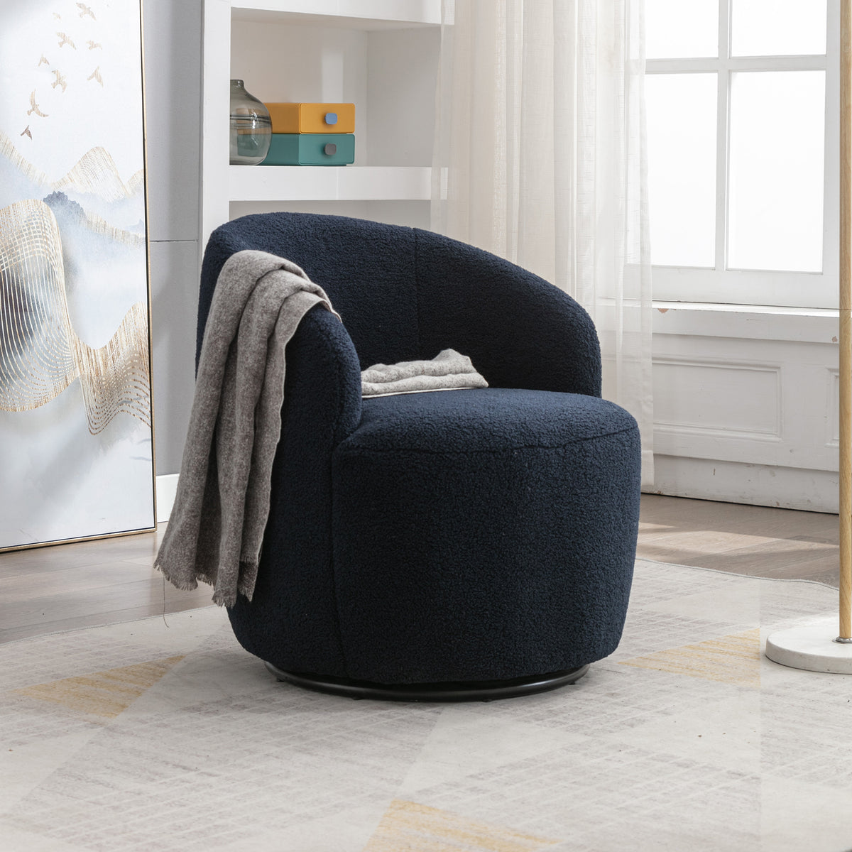 Teddy Fabric Swivel Accent Armchair Barrel Chair With Black Powder Coating Metal Ring,Dark Blue - Grand Goldman Shop