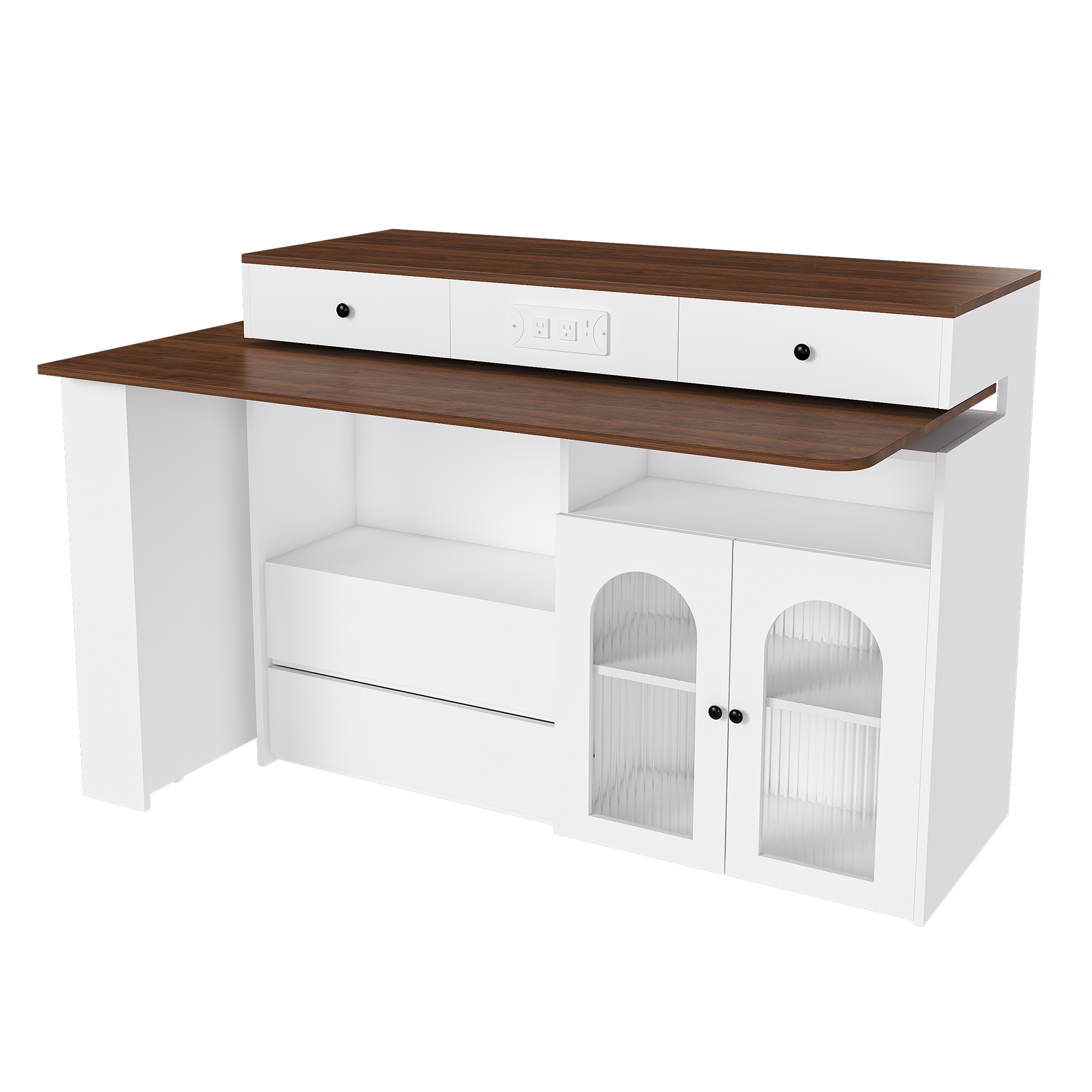 Kitchen Island with Extendable & Rotating Table, MDF with Walnut Veneer Retro Design, 4 Drawers & Glass Door Cabinets with Built-in Socket, Expandable Dining Station for 2-4 Person - Grand Goldman Shop