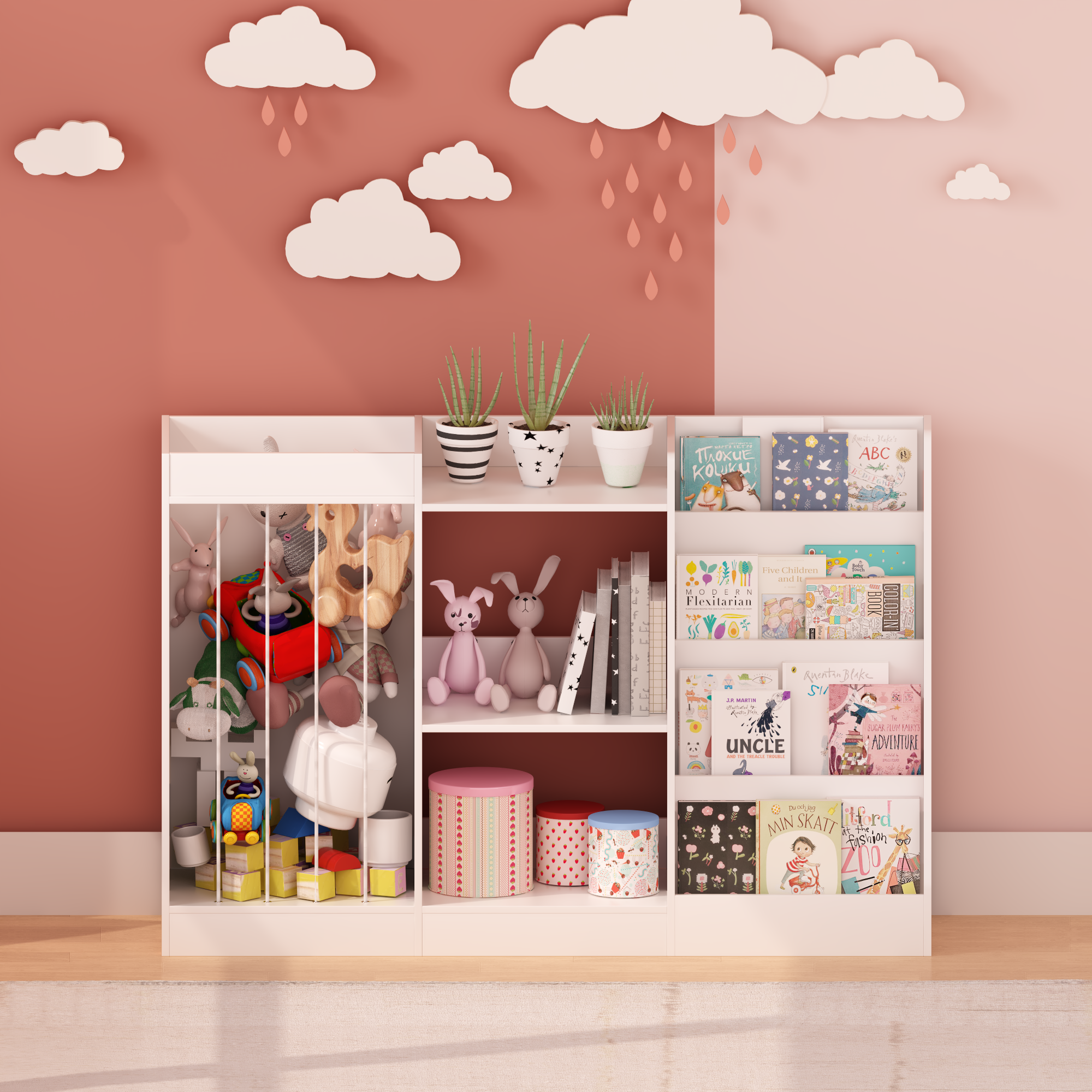 3-in-1 Kids Bookshelf and Toy Storage, 4-Tier Book Shelf for Kids Rooms, Sling Baby Bookcase with Stuffed Animal Storage, Tod