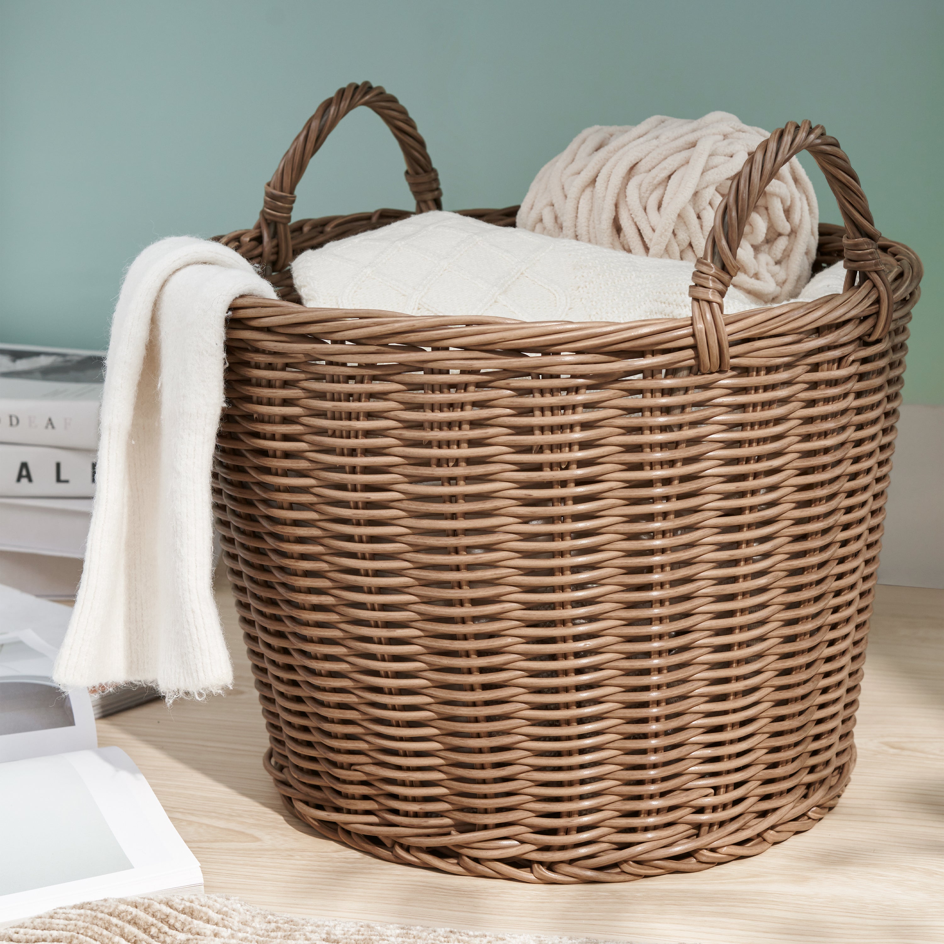Joseph Round Cone Woven Resin Wicker Basket with Handles - 16' x 16' x 10.5' - Chocolate Brown - For Clothes, Towels, Canvas, Toys, Magazine Storage and Home Decoration - Grand Goldman Shop