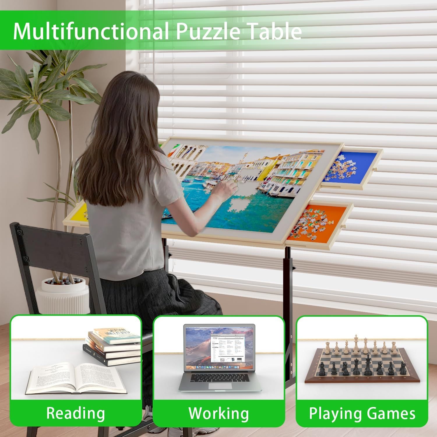Wooden 1500 Pieces Puzzle Table with Drawer, 35'*27.17' Adjustable Puzzle Table, 360° Tilting Puzzle Table with Legs and Whee