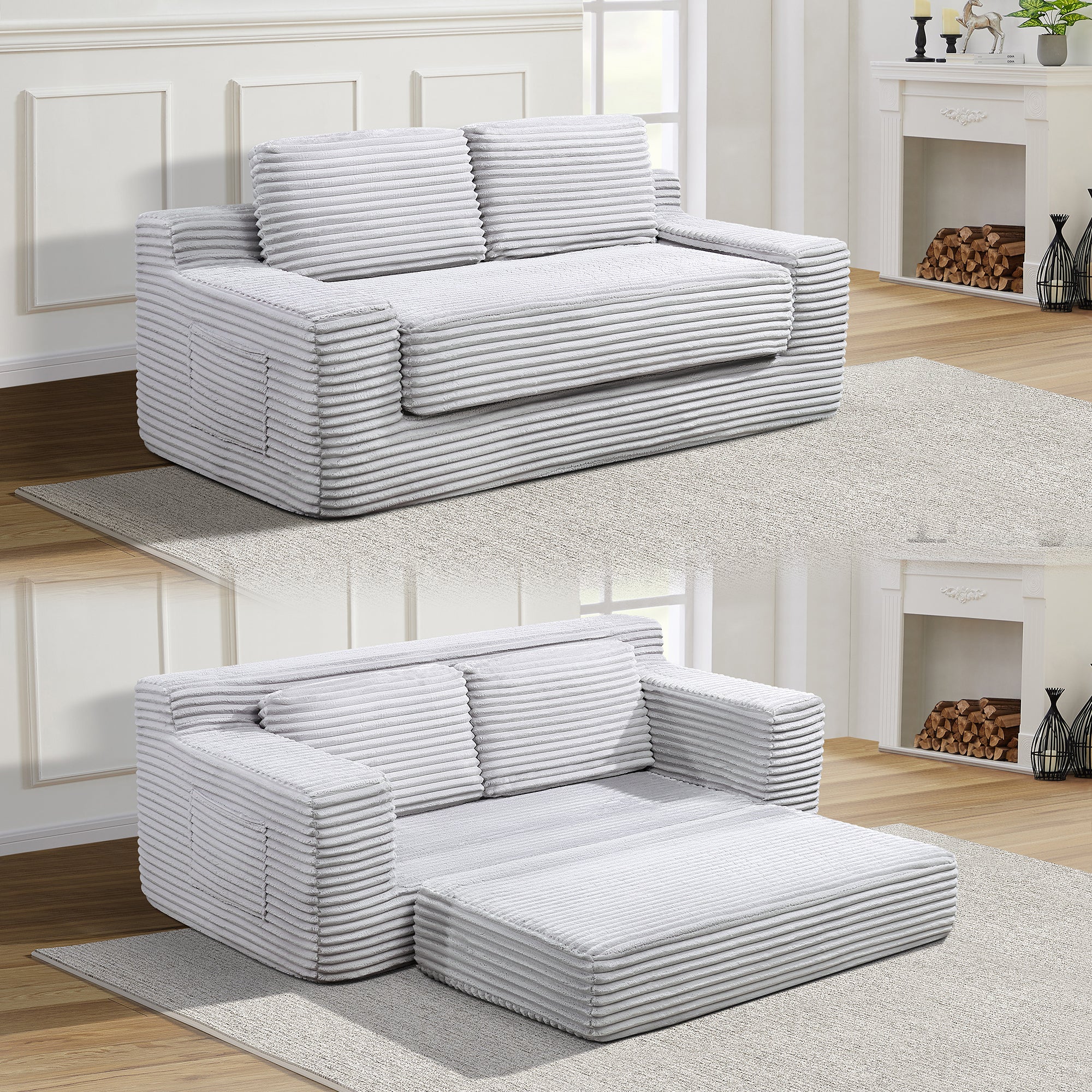 Corduroy Cloud Double Sofa, 2-in-1 Convertible Sofa Bed, Comfortable Boneless Double Sofa, Suitable for Living Room, Apartment, Small Space Grey - Grand Goldman Shop