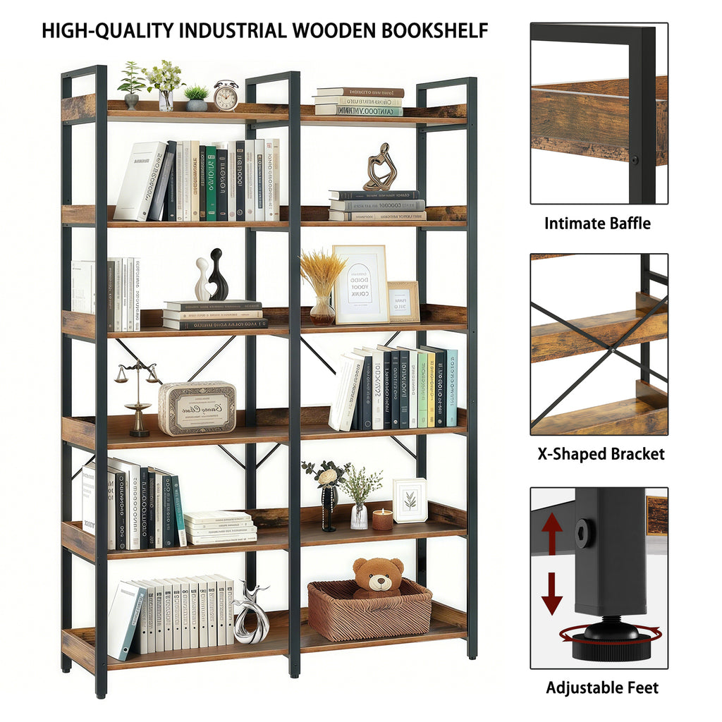 6-Tier Industrial Bookshelf, 67' Wooden Bookshelf with Open Shelves, Freestanding Metal Frame Bookcase for Storage and Display, Modern Book Shelves for Bedroom, Living Room and Home Office, Brown - Grand Goldman Shop