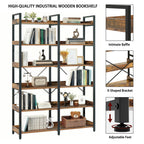 6-Tier Industrial Bookshelf, 67' Wooden Bookshelf with Open Shelves, Freestanding Metal Frame Bookcase for Storage and Display, Modern Book Shelves for Bedroom, Living Room and Home Office, Brown - Grand Goldman Shop
