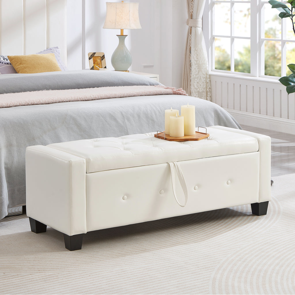 48' Ottoman Bench with Storage, Bench for Bedroom,Living Room,Hallway, Upholstered Tufted Faux Leather PU Ottoman Ivory White - Grand Goldman Shop