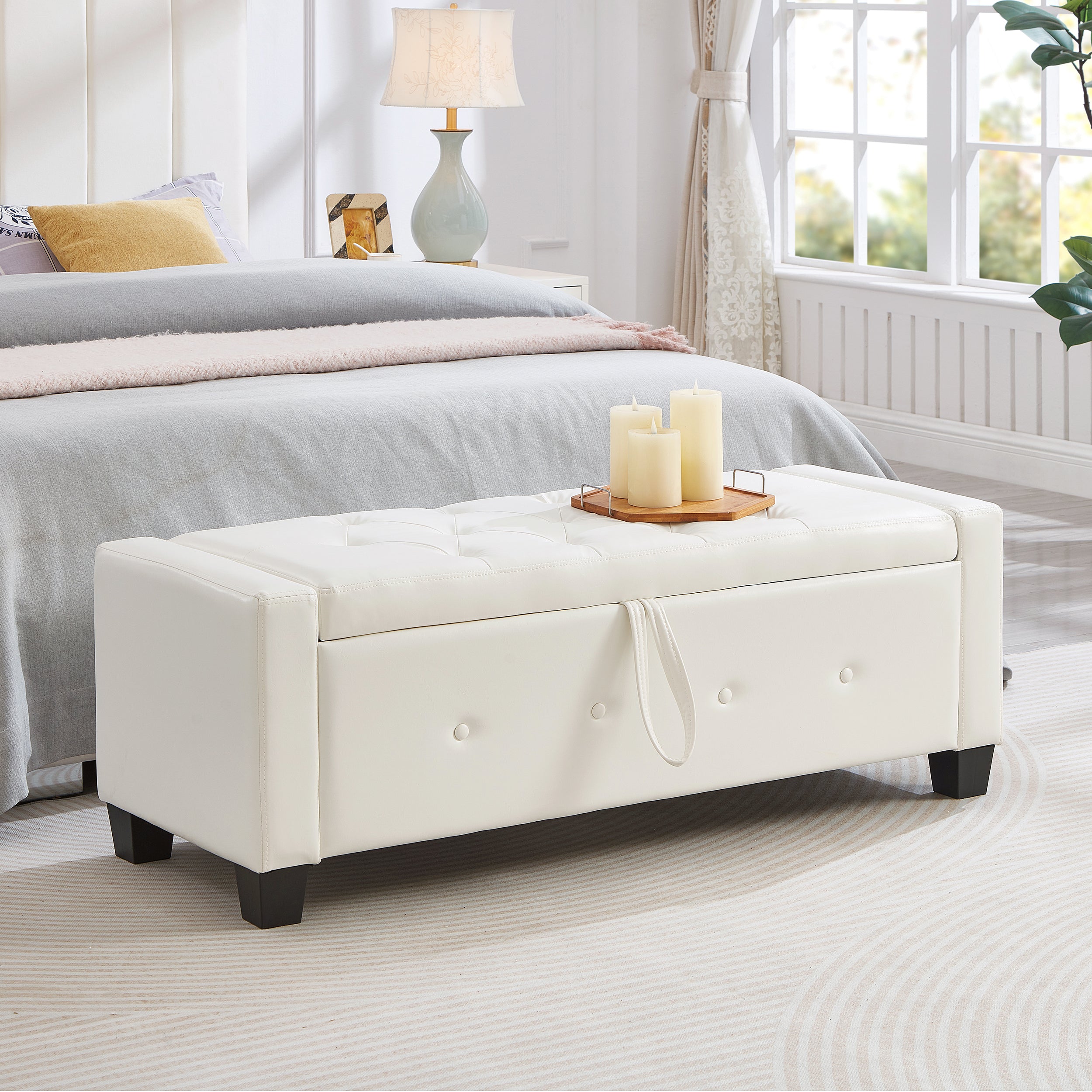 48' Ottoman Bench with Storage, Bench for Bedroom,Living Room,Hallway, Upholstered Tufted Faux Leather PU Ottoman Ivory White - Grand Goldman Shop