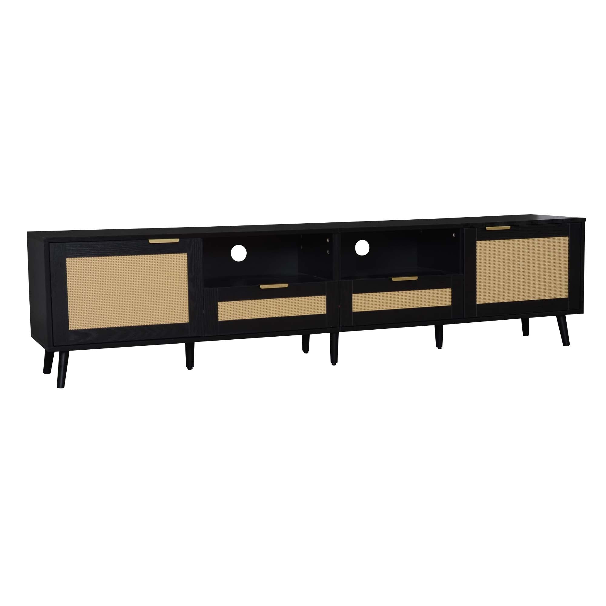 Modern Farmhouse Rattan TV Stand for TVs up to 85'', Black MDF and Solid Wood Media Console with Cable Management, 78.74'' L x 14.6'' W x 18.9'' H - Grand Goldman Shop