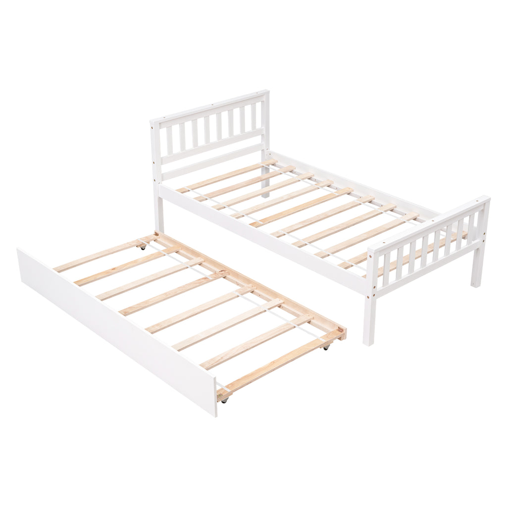 Twin Bed with Trundle, Platform Bed Frame with Headboard and Footboard, for Bedroom Small Living Space,No Box Spring Needed,White - Grand Goldman Shop