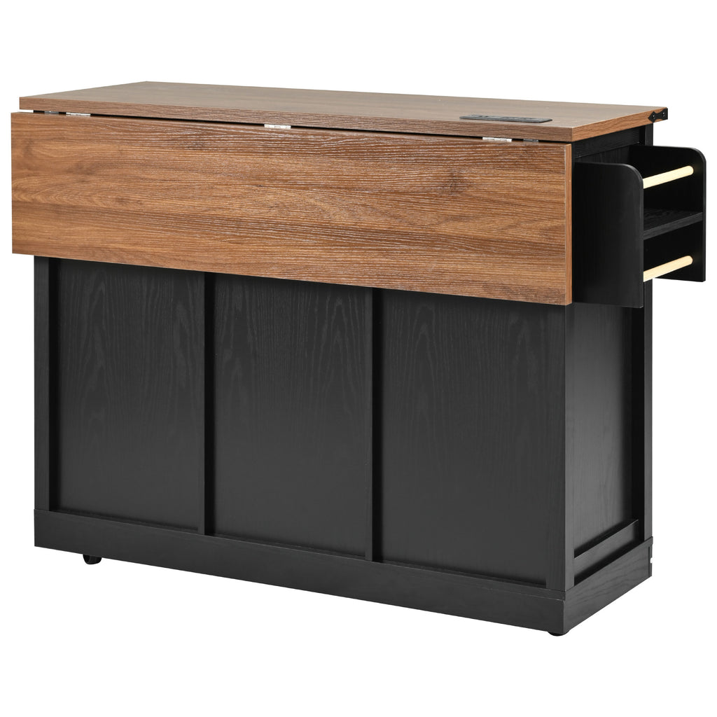 K&K 53.7' Farmhouse Kitchen Island with Power Outlet, 2 Sliding Barn Door Kitchen Storage Island with Drop Leaf, Spice Rack Rolling Kitchen Cart on Wheels, for Home, Kitchen and Dining Room, Black - Grand Goldman Shop