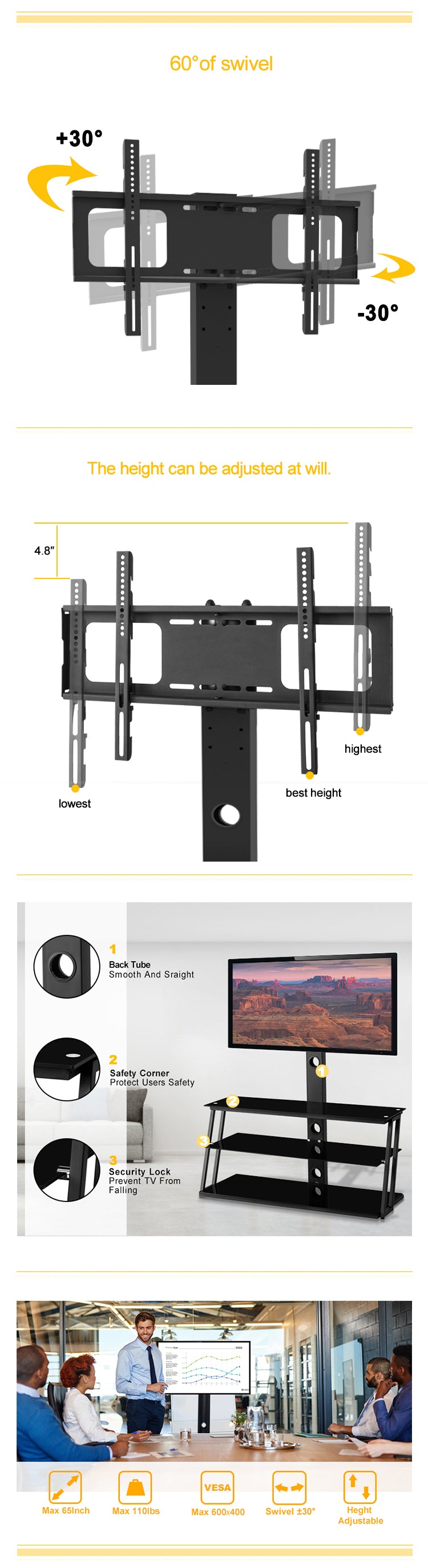 Multi-Function Adjustable TV Stand Black Tempered Glass - Grand Goldman Shop