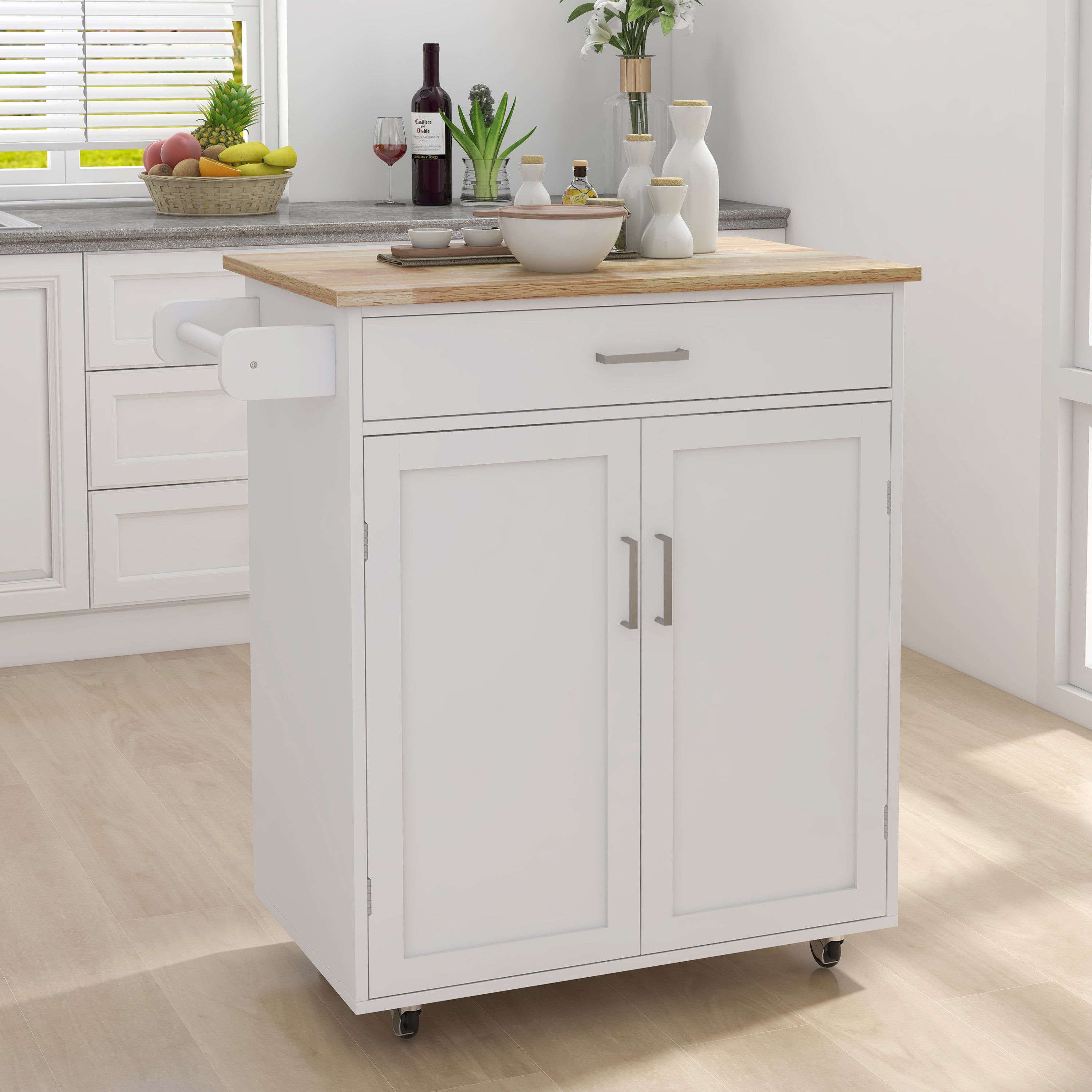 Kitchen island rolling trolley cart with Adjustable Shelves and towel rack rubber wood table top - Grand Goldman Shop