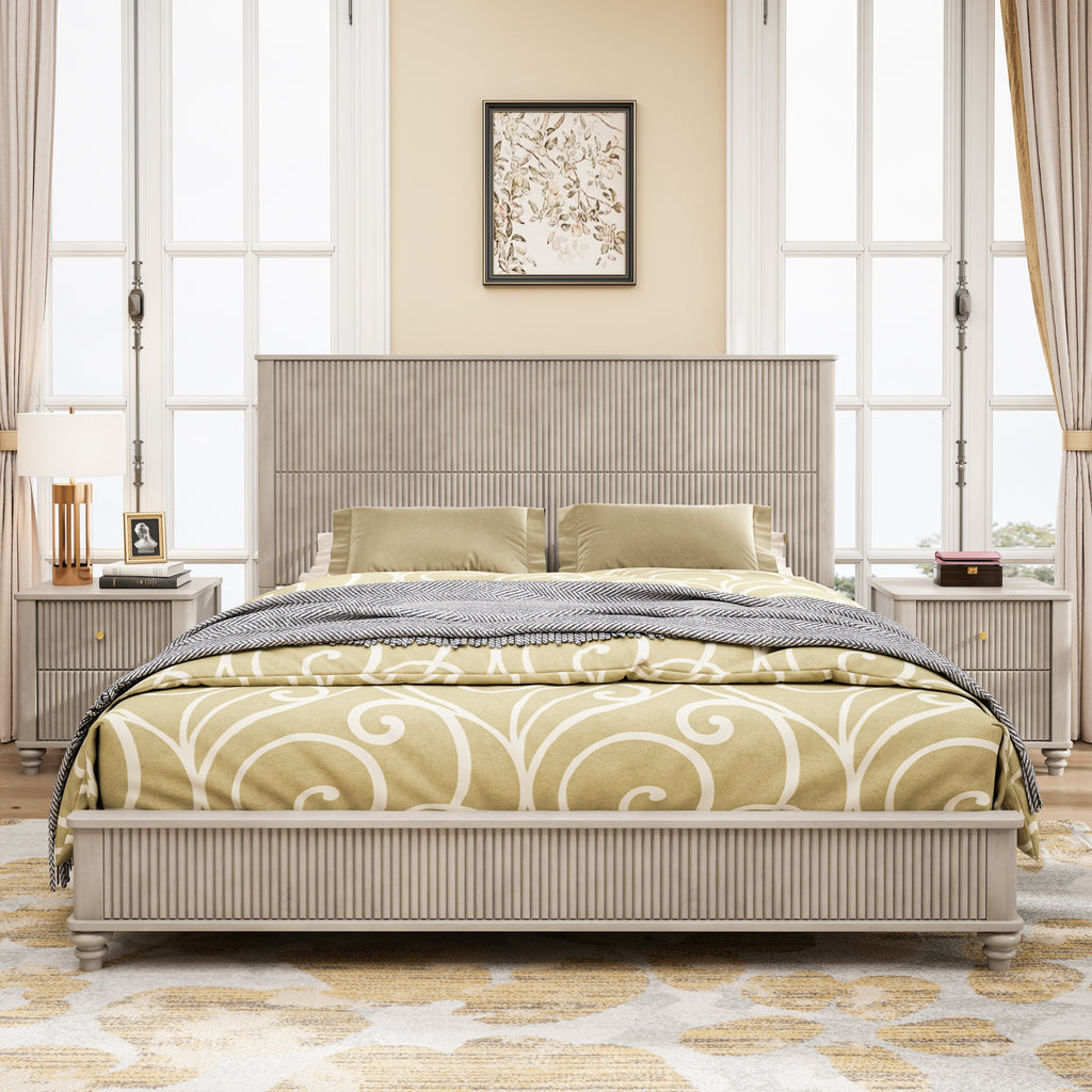 3-Piece Bedroom set with a King Size Bed and 2 Nightstands, Beige - Grand Goldman Shop