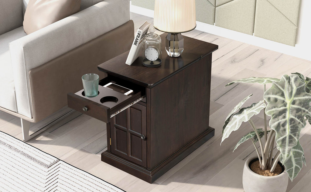 U-Can Classic Vintage Livingroom End Table Side Table with USB Ports and One Multifunctional Drawer with cup holders, Antique Espresso (Old SKU: WF296294AAP) - Grand Goldman Shop