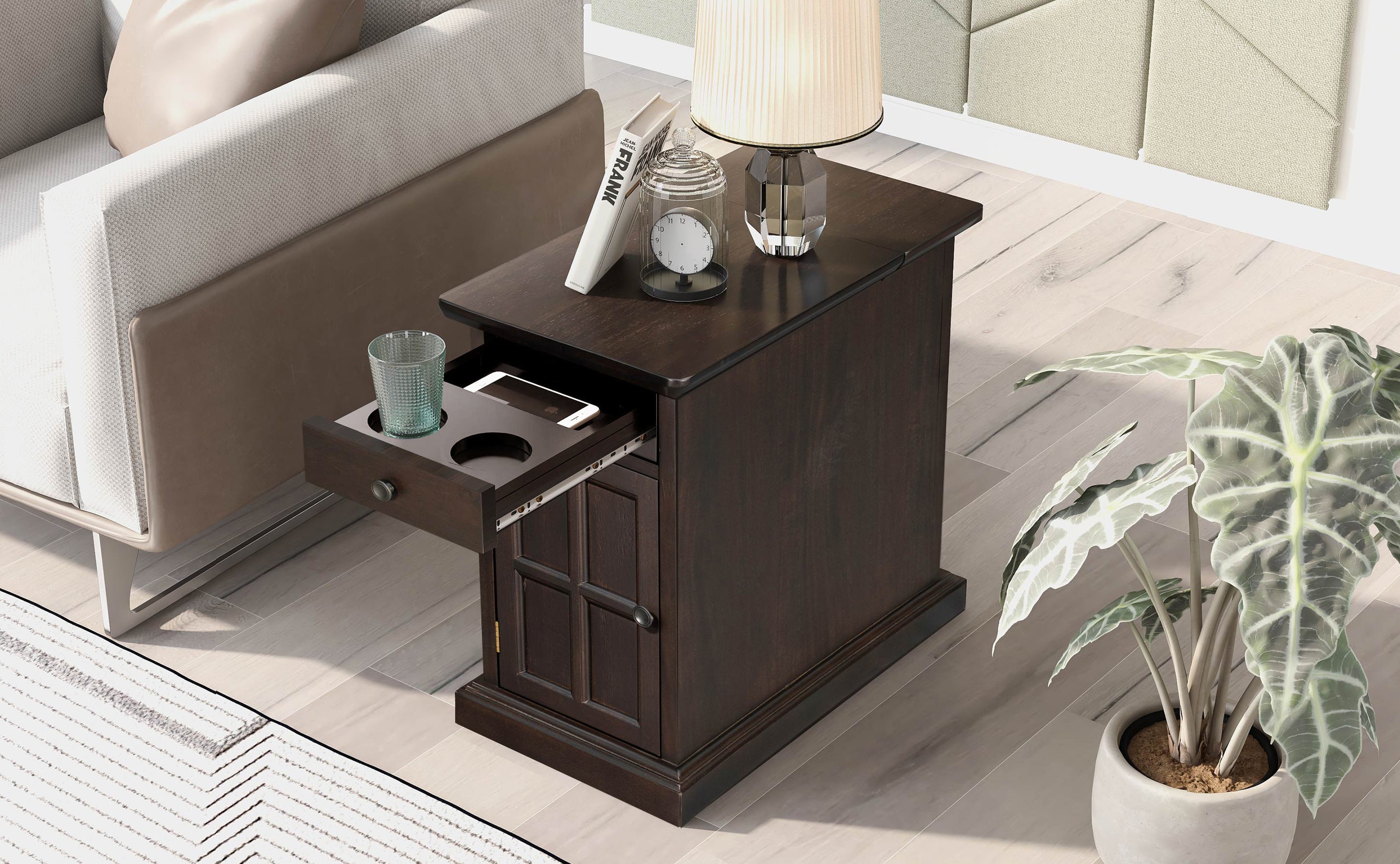 U-Can Classic Vintage Livingroom End Table Side Table with USB Ports and One Multifunctional Drawer with cup holders, Antique Espresso (Old SKU: WF296294AAP) - Grand Goldman Shop