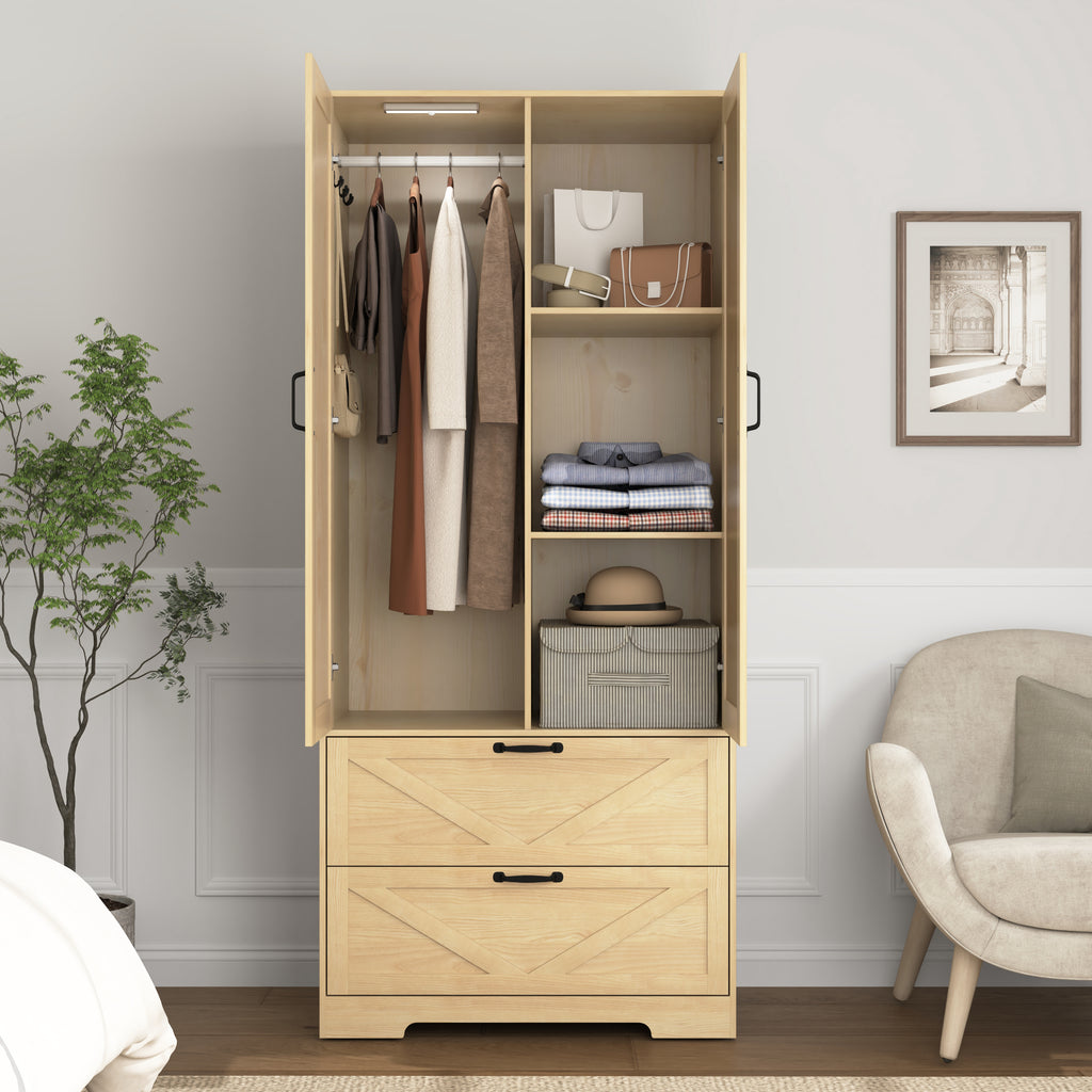 2 Door Wood Wardrobe for Bedroom with Hanging Clothing Rod inside the Cabinet and 2 Drawers for Storage Organization, Built-in induction light Multifunctional Closet with Mirror, Natural - Grand Goldman Shop