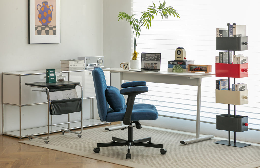 Modern Linen Blue Criss Cross Armrest Office Chair with Foldable Design, Soft Velvet Fabric, 36.6-Inch Height - Grand Goldman